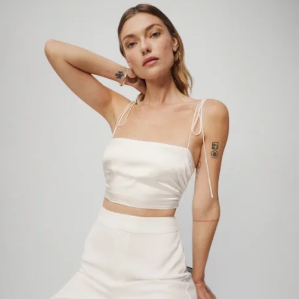 Reformation Cider Silk Top - Ivory Cream Crop with ties